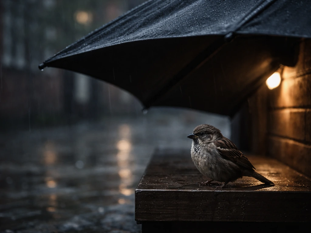 A small bird sheltered under a waterproof cover during rain on a quiet ledge.