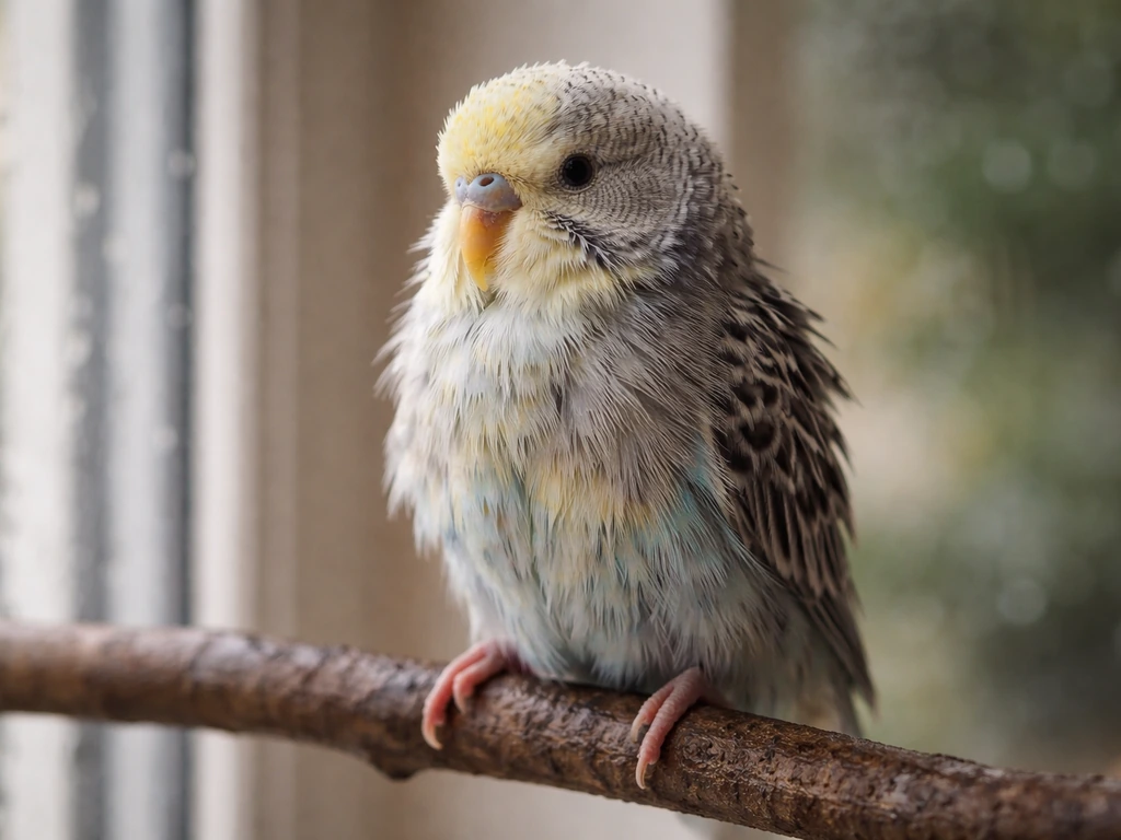 Close-up of a pet bird with slightly ruffled, damp-looking feathers perched in soft rain light.