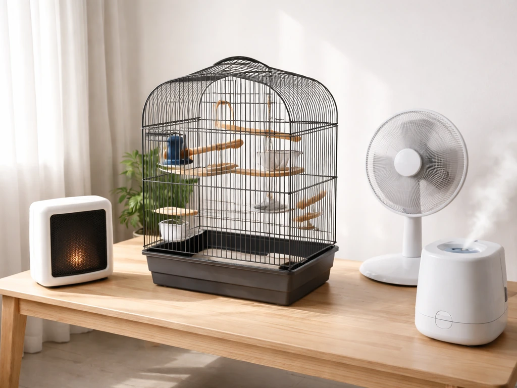Minimal indoor birdcage setup showing warm heat source, gentle airflow, and humidifier near the cage.