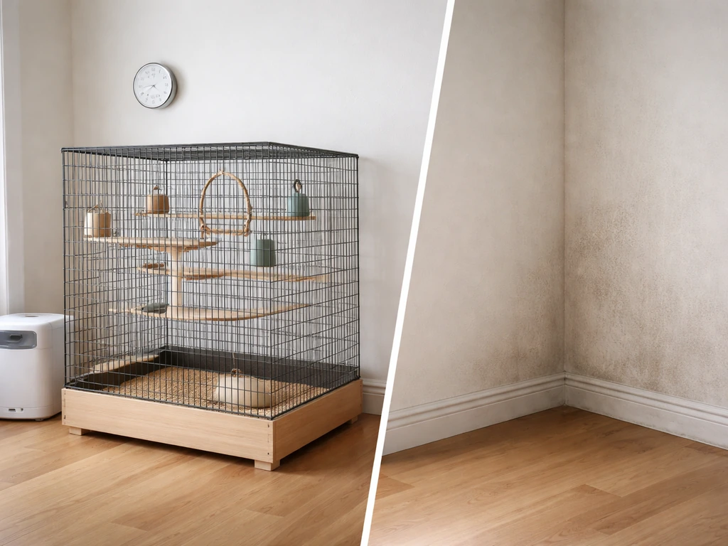 Minimal photo showing a bird enclosure area with safe moderate humidity setup and contrast with damp, mold-prone corner