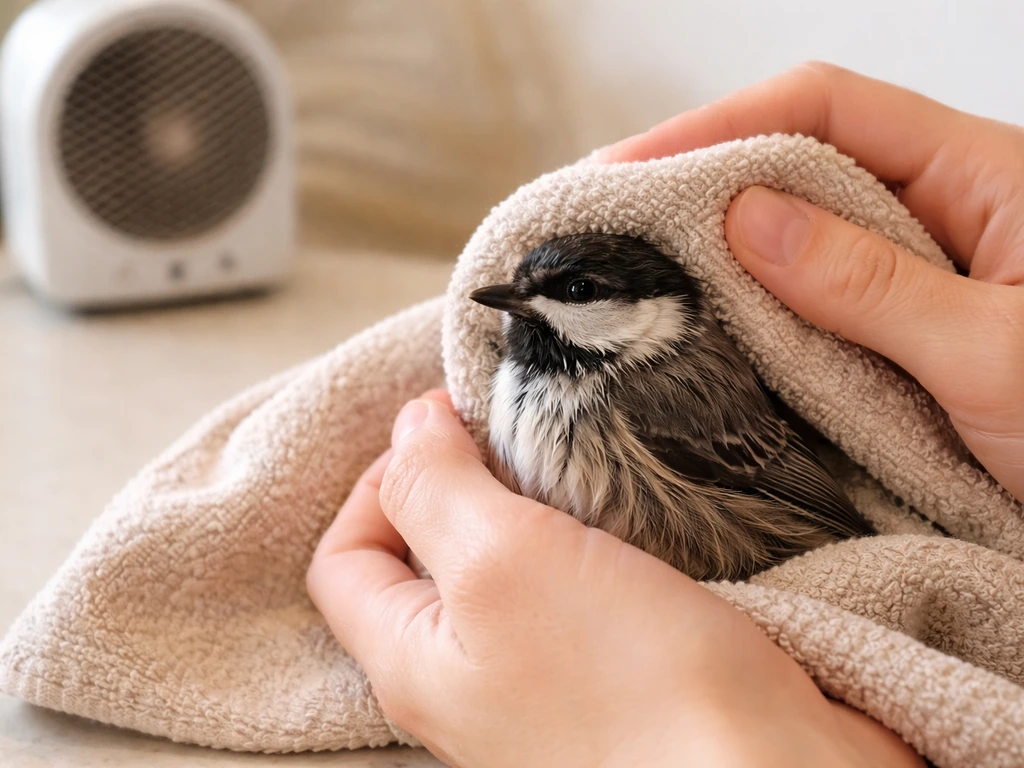 Hands blot moisture from a small bird with a soft towel while warm air is kept at a safe distance.