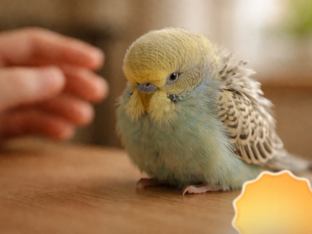 Small pet bird with fluffed feathers for too long, perched indoors, with a subtle vet-warning badge shape.