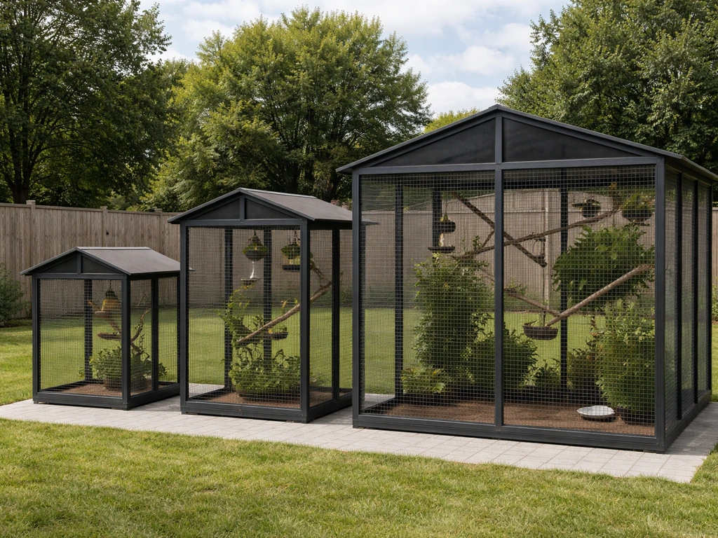 Three outdoor bird aviary builds in small, medium, and large sizes with simple yard backdrop.