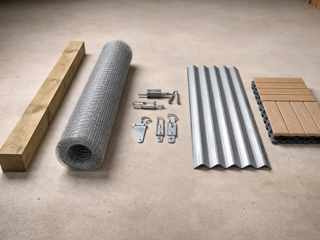 Aviary build cost categories shown with simple laid-out materials: frame timber, mesh, door hardware, roof sheets, floor