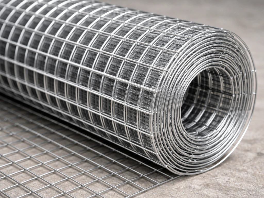 Close-up of galvanized welded wire mesh roll showing wire thickness and square openings clearly.