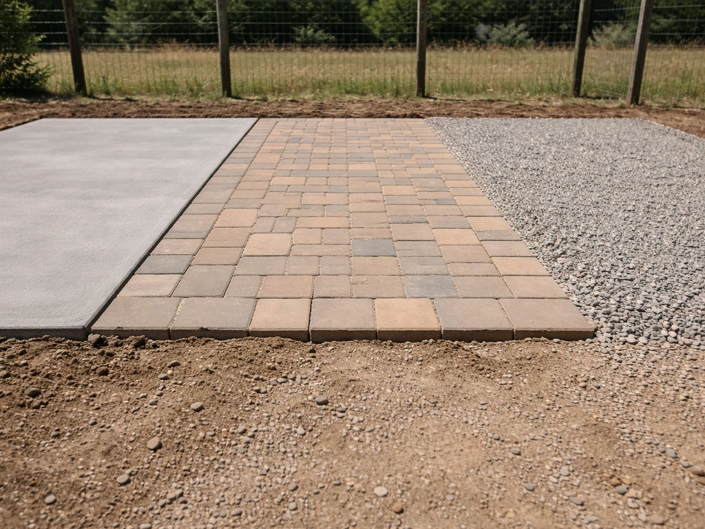 Outdoor aviary ground base showing three clear sections: concrete, pavers, and compacted gravel