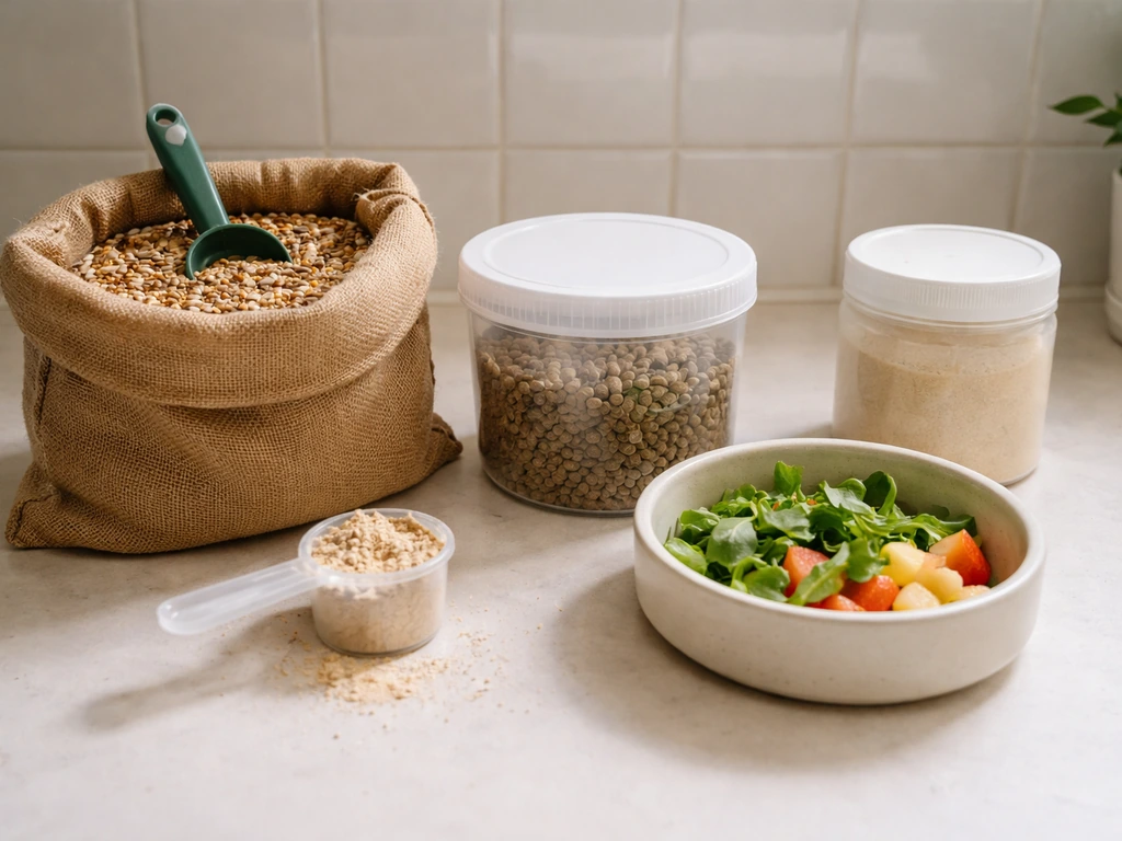 Supplies for bird feeding—seed and pellets with a small container of fresh food—arranged to suggest monthly costs.