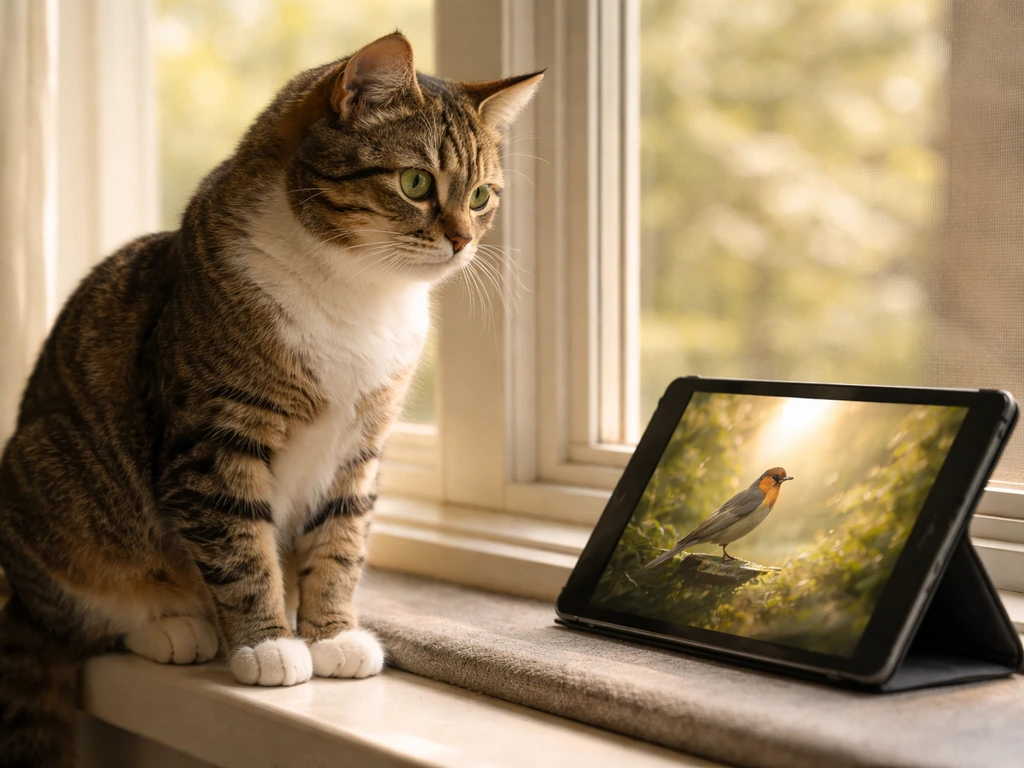 Calm cat watching a bird video on a tablet from a cozy perch in natural light