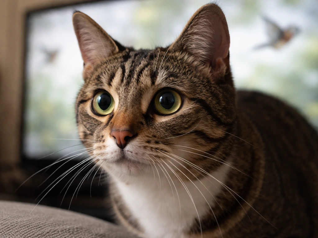 Close-up of a cat’s face with focused, predatory eyes as it watches birds on a screen
