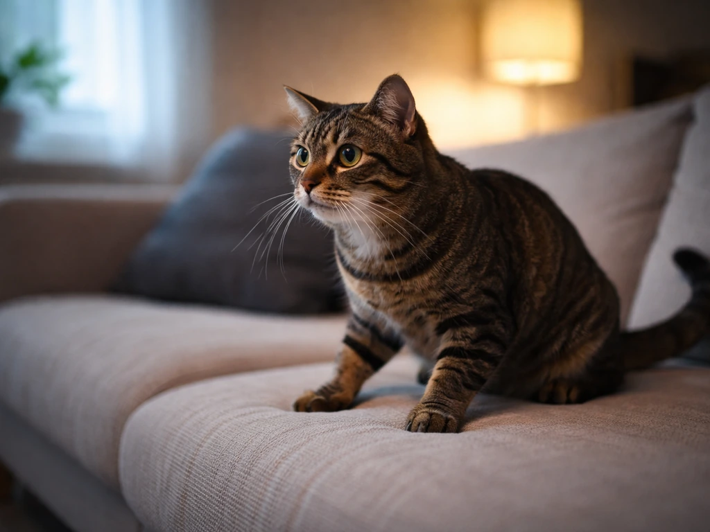 A tense cat with tail flicking and a fixed stare during a bird-video session on a nearby TV glow.