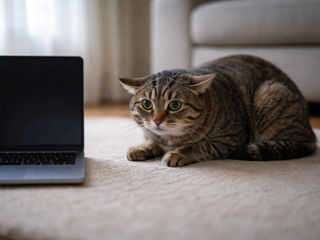 A stressed cat with flattened ears and crouched posture beside a laptop, watchful and uncomfortable