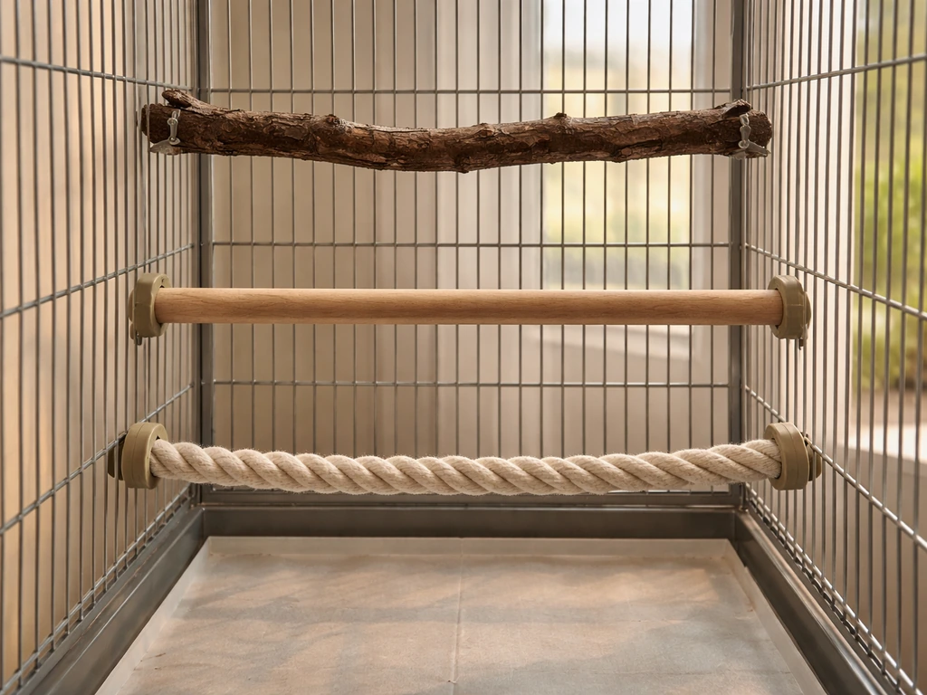 Birdcage interior with natural wood, dowel, and rope perches arranged for comfortable foot placement