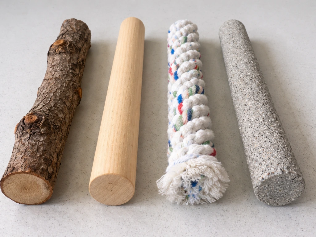 Close-up of natural wood, wooden dowel, rope perch, and cement/mineral perch showing varied textures