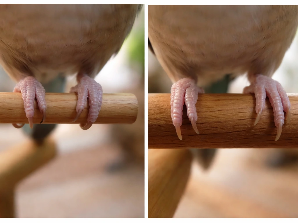 Close-up of a small bird’s feet on a perch: one too small pinching toes, one properly sized grip.