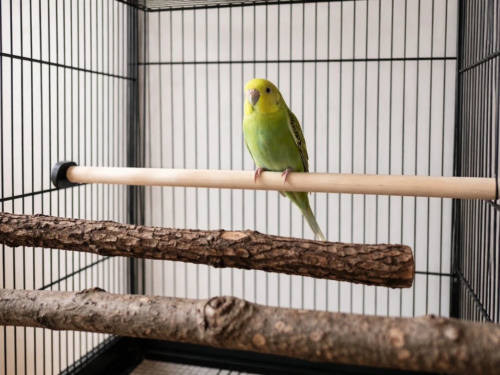 Bird enclosure with several perches of different diameters and textures, showing varied foot contact points.