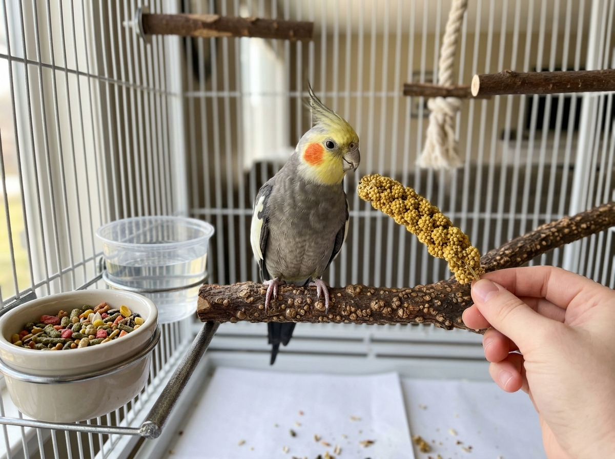 Hand offering millet to a calm cockatiel in its cage
