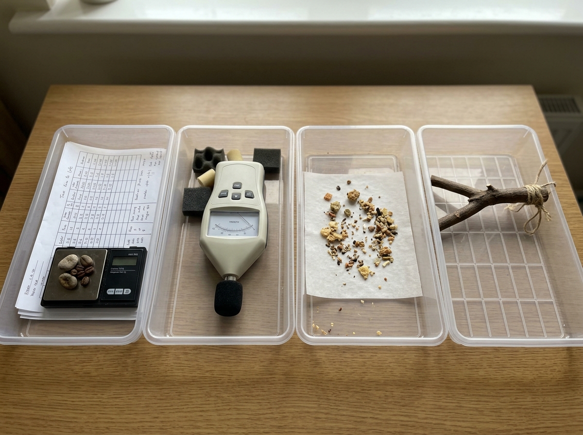 Props arranged to show the differences in time, noise, mess, and bonding for easy birds