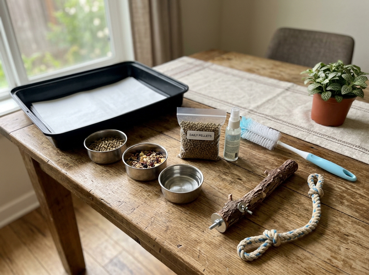 Beginner bird equipment laid out: cage parts, bowls, pellets, and cleaning tools