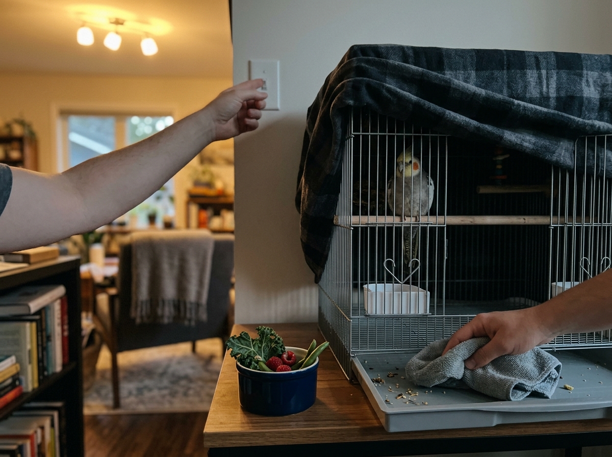 Evening routine: covering the cage and wiping the floor tray