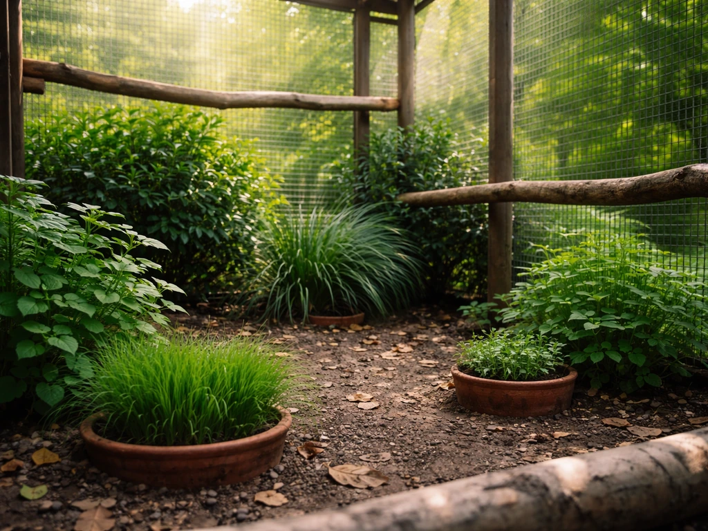 Lush planted bird aviary interior with safe-looking cover and foraging plants near wooden perches.