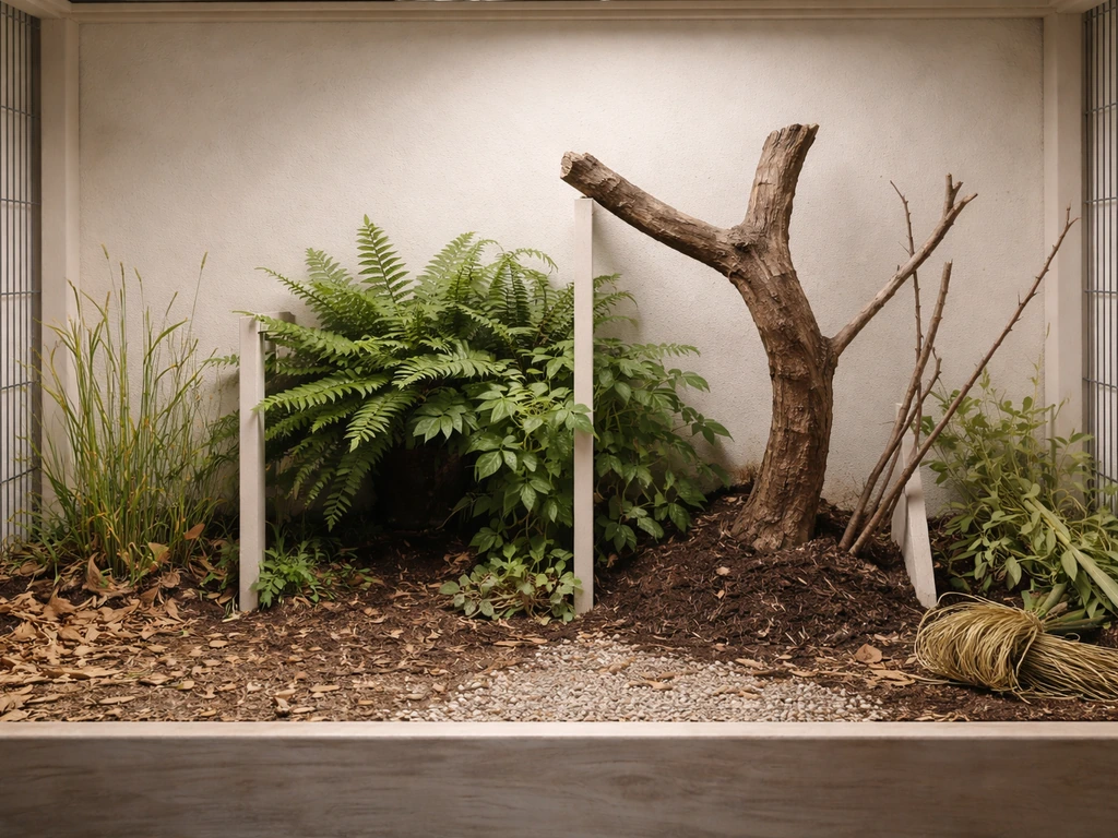 Minimal aviary interior showing foraging, cover, perching, and chew plant zones with no birds.