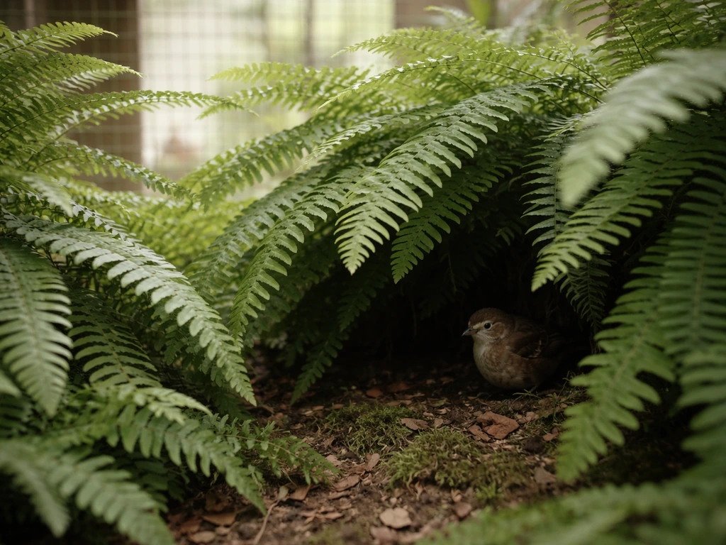 Boston fern covering an aviary shelter area with a bird retreating underneath.