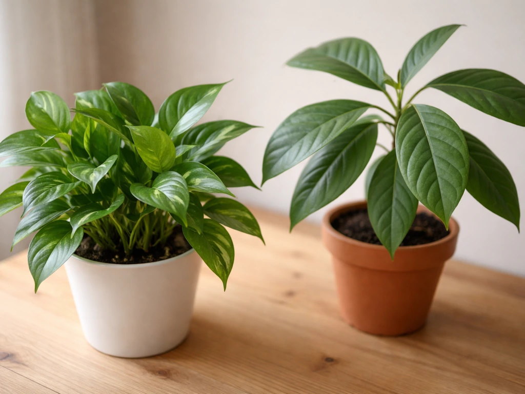 Close-up of two toxic-looking plants, including avocado-like leaves, shown clearly on a wooden surface.