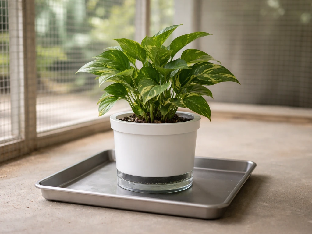Houseplant in a sealed planter pot inside an aviary on a raised tray, soil contained for safe installation.