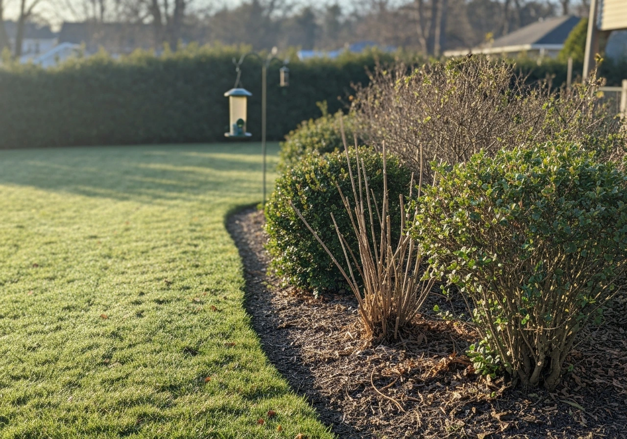 Modest suburban yard edge with shrubs for cover and a nearby bird feeder in calm natural light