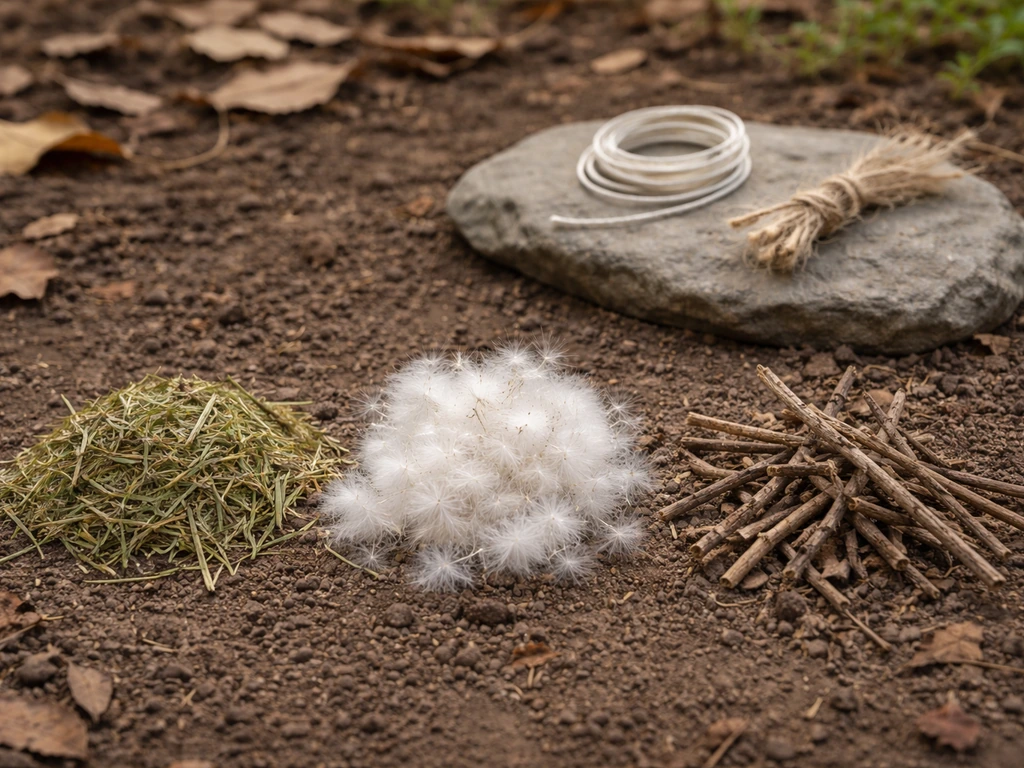 Untreated dry grass, plant down, and small twigs shown separately beside string and twine alternatives.