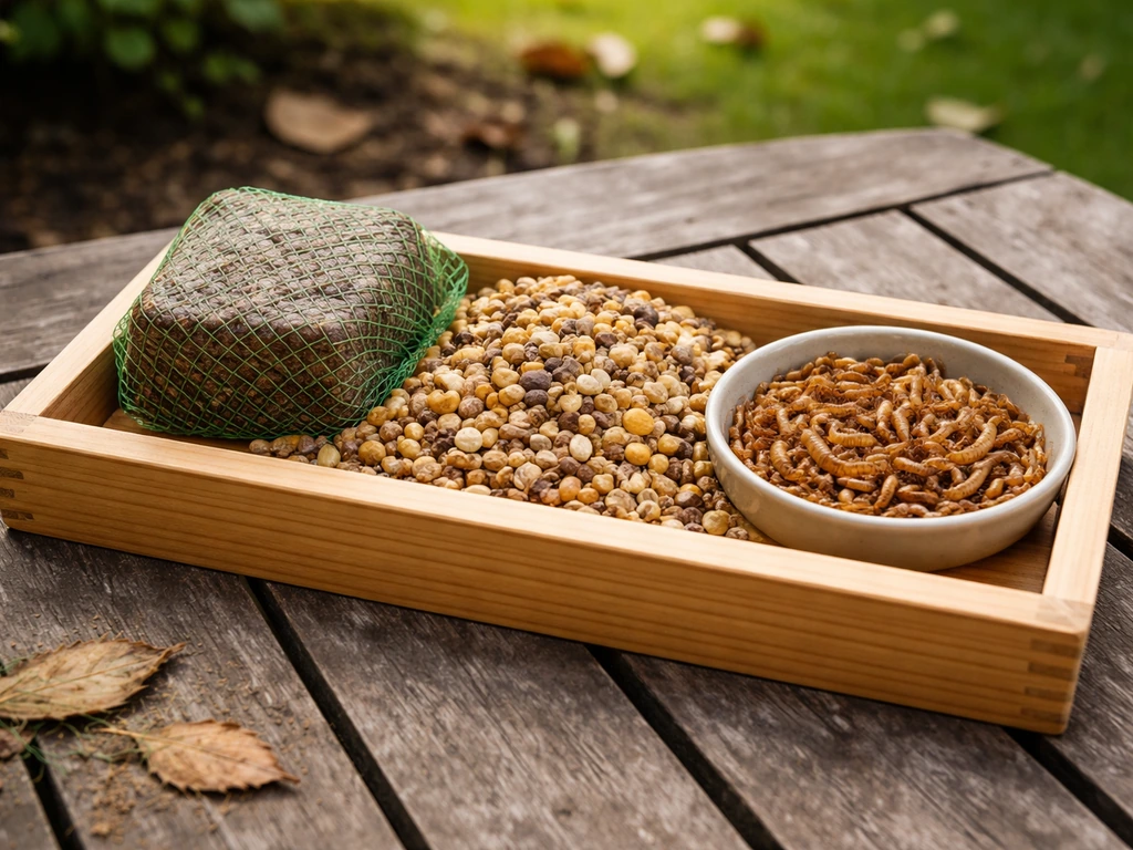 Feeding tray outdoors with high-energy suet near smaller mealworm and seed options for nesting birds