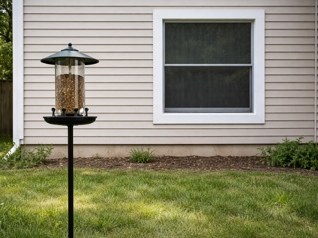 Bird feeder near a window with netting and a clear outdoor path away from the window.