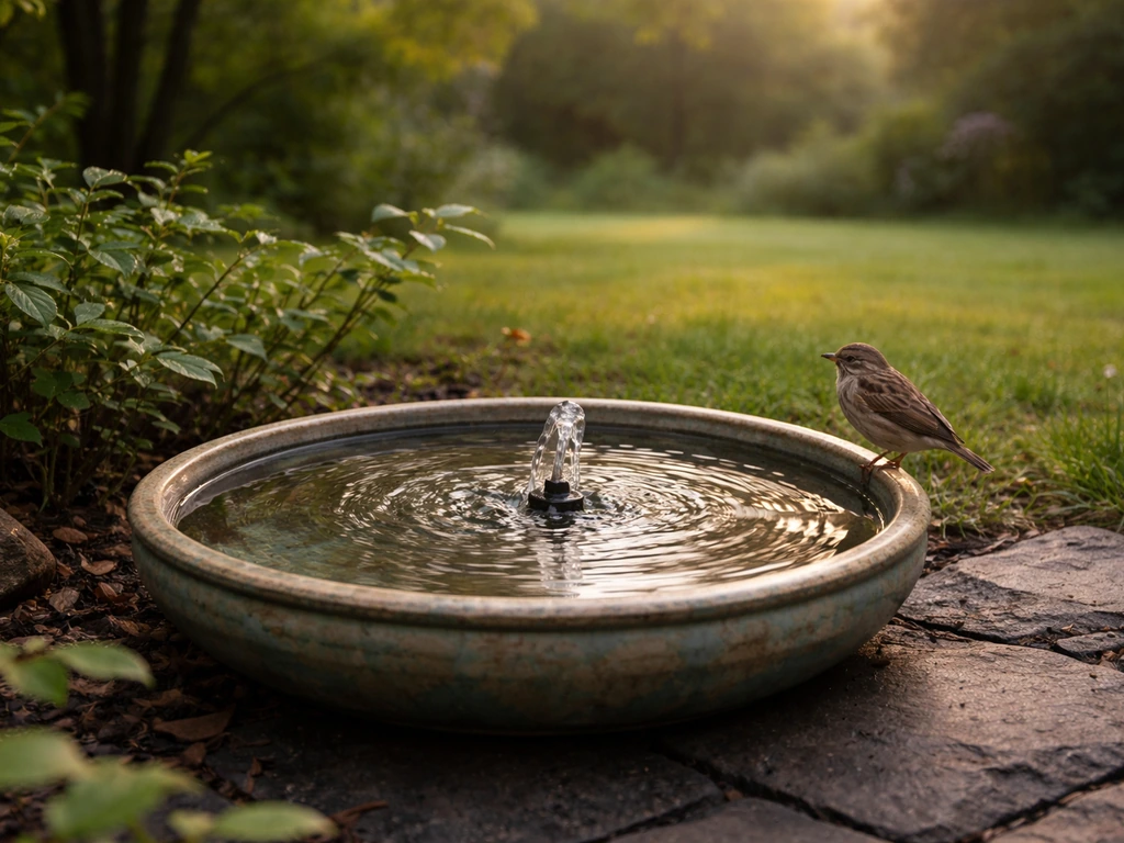 Shallow birdbath with gentle dripper movement beside low shrubs for birds’ safe shelter.