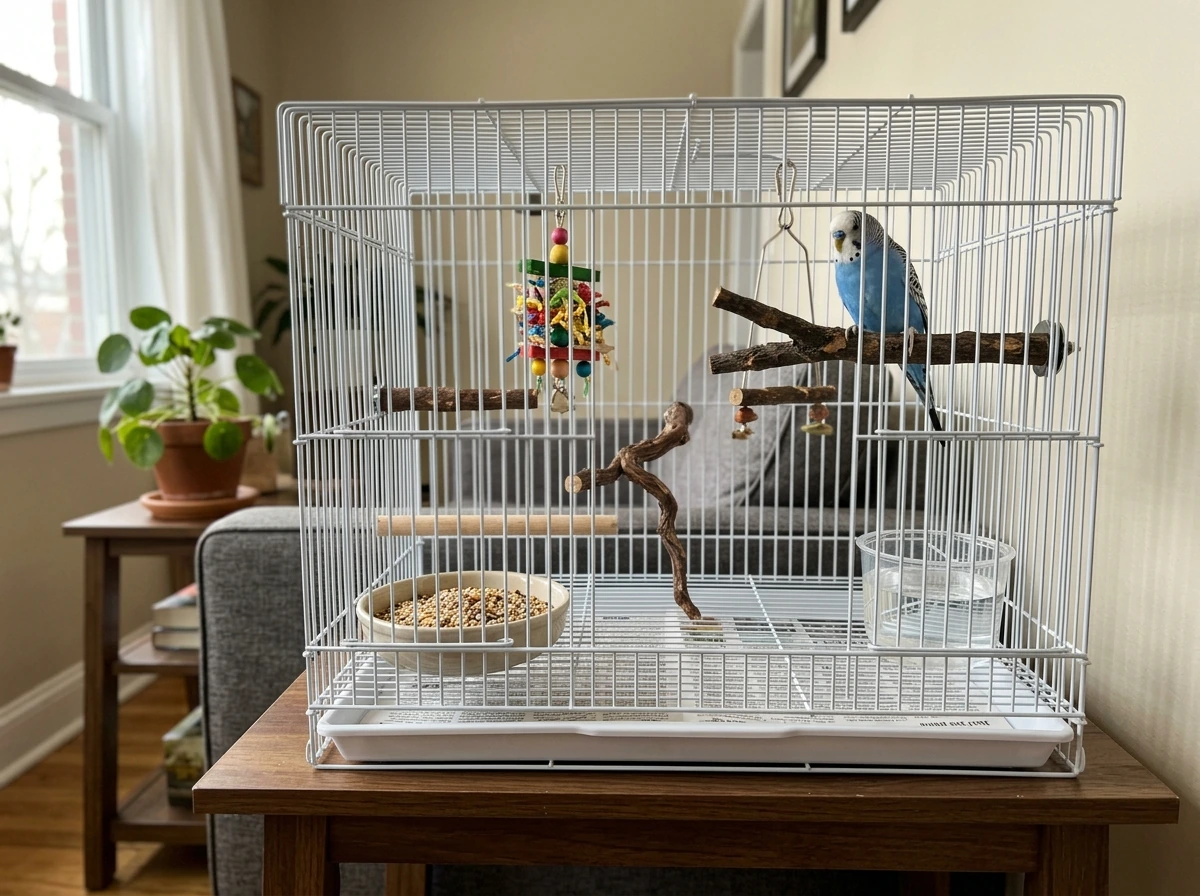 Budgie perched inside an apartment bird cage with natural perches and fresh food