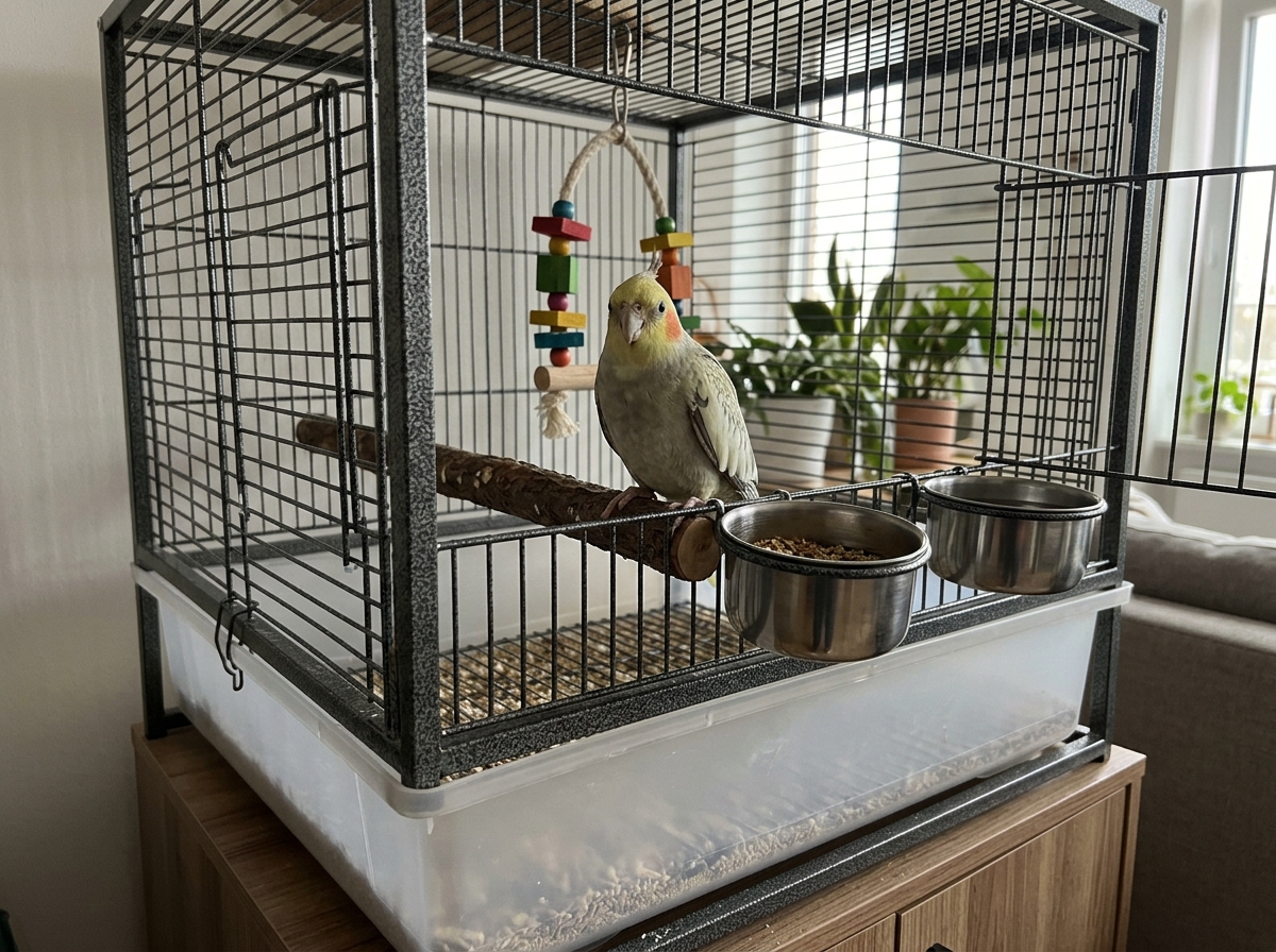 Cockatiel perched near the front of an apartment cage with toys and dishes