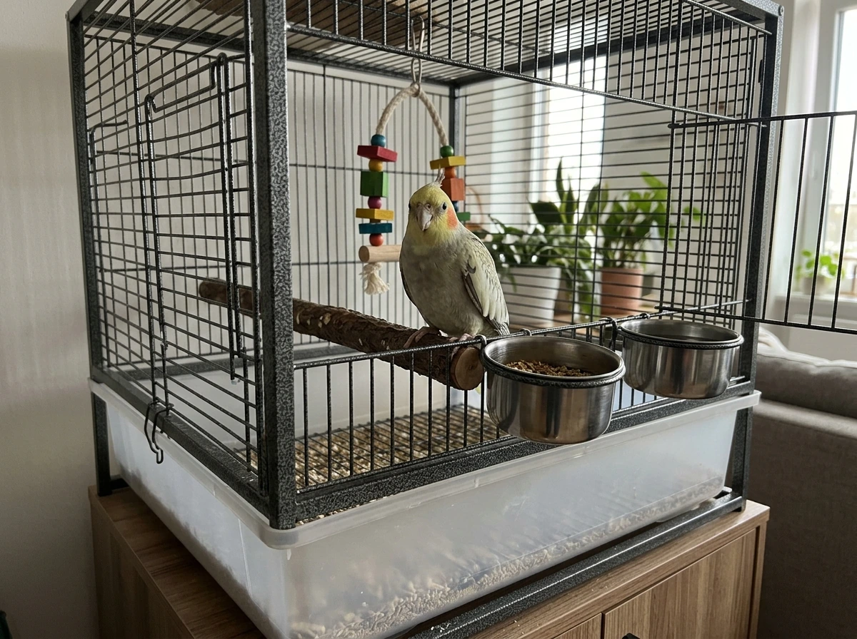 Cockatiel perched near the front of an apartment cage with toys and dishes