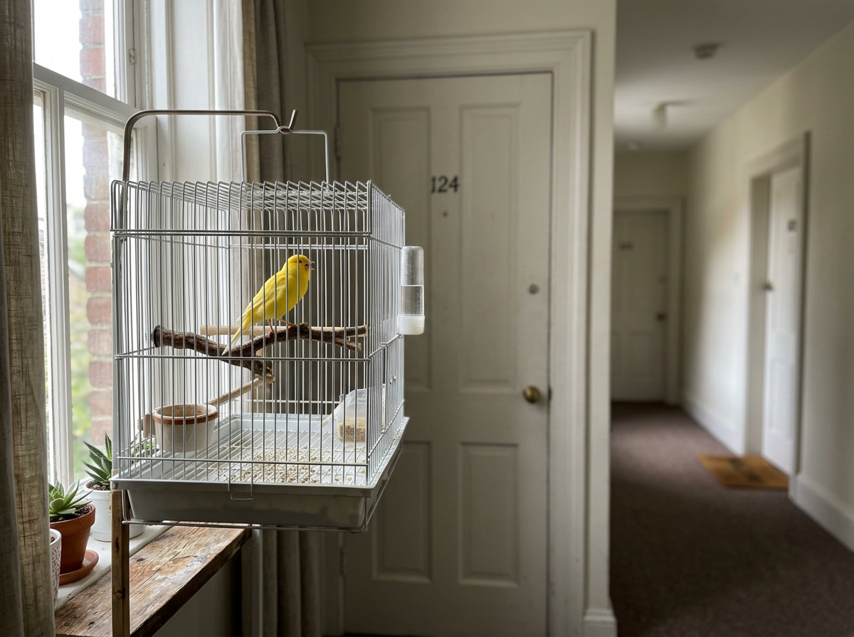 Canary in its cage with a closed door in the background to show apartment noise