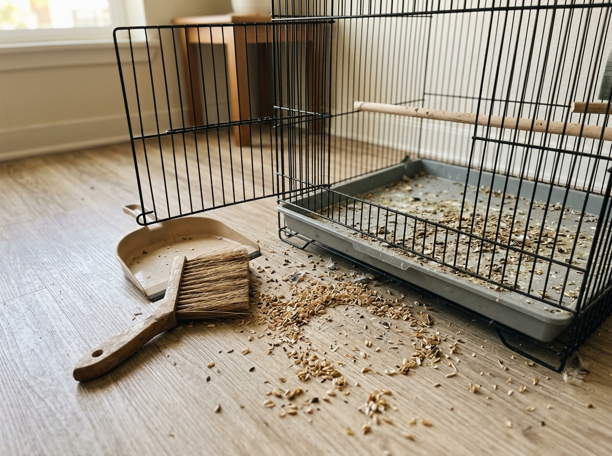 Seed hulls and droppings mess near a cage with cleanup tools