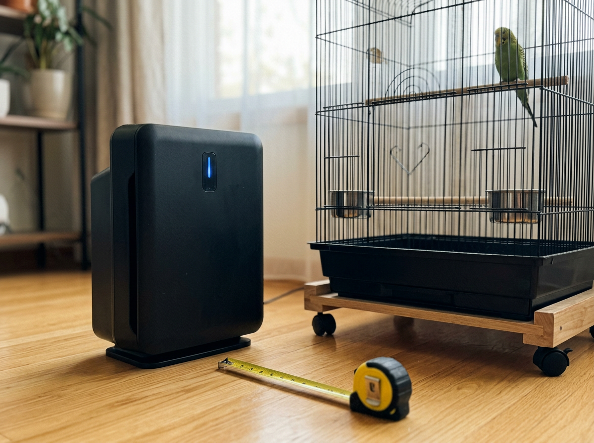 HEPA air purifier positioned near a bird cage for better air quality