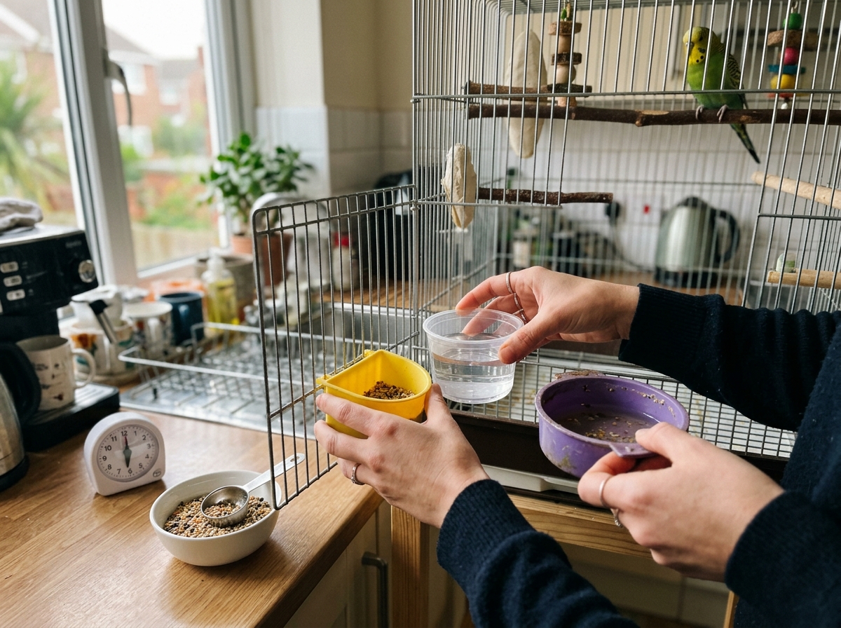 Hands refreshing water and food for an apartment bird during daily care