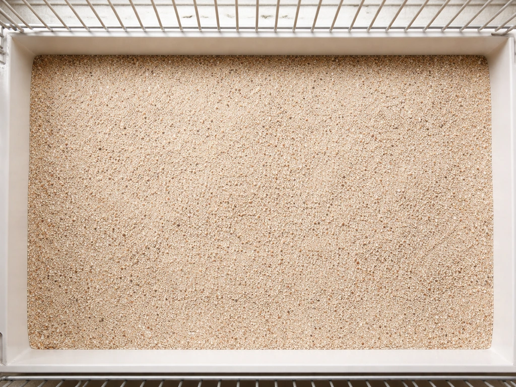 Top-down view of a bird cage tray with neatly leveled sand substrate texture