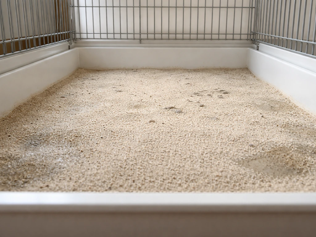 Close-up of a bird cage bottom tray with a shallow layer of bird sand absorbing droppings and damp spots.