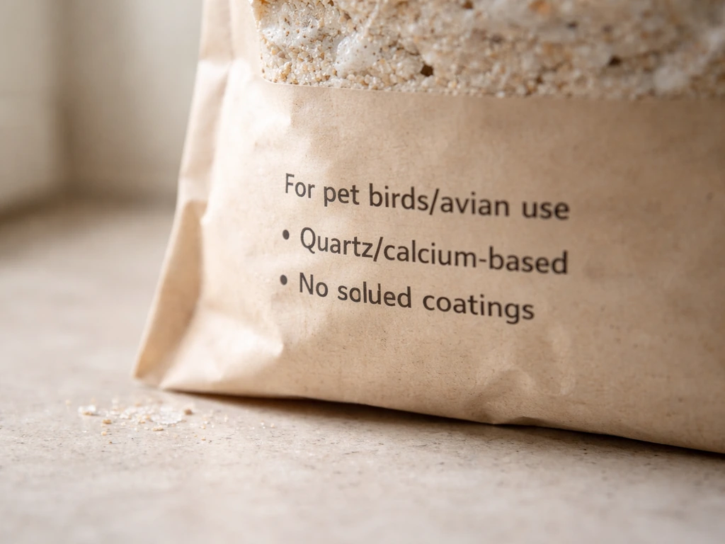 Close-up of bird sand packaging on a counter with label cues for pet birds and ingredient indications.