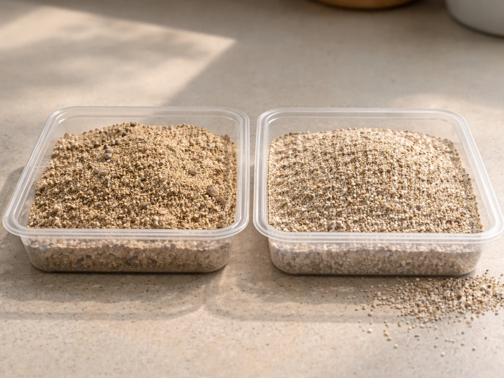 Close view of two sand types—rough construction/play sand next to finer bird-safe sand—in a clean tray.