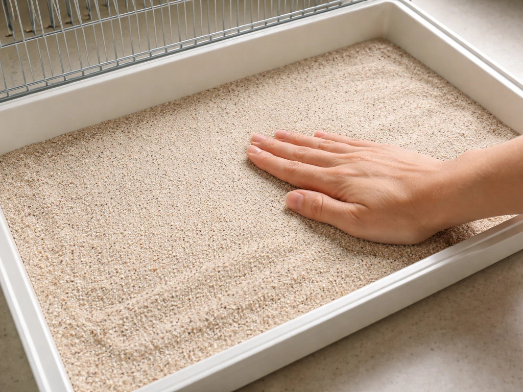 Hand smooths a clean 1–2 cm layer of bird sand in an empty cage tray.