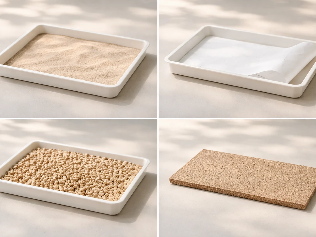 Bird substrate options—sand, paper liner, pellet liner, and a perch/tray liner—arranged in a simple grid.