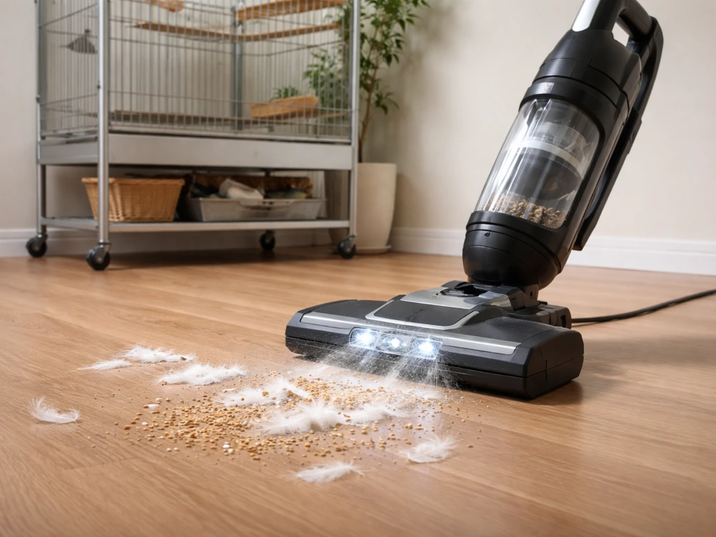 Minimal bird room scene with vacuum picking up feathers and seed hulls near a cage stand