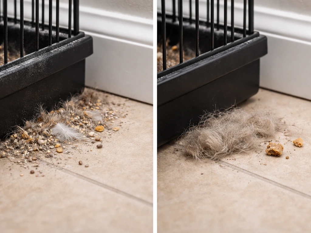 Close-up of bird debris clinging to cage bars versus generic pet debris on the floor.