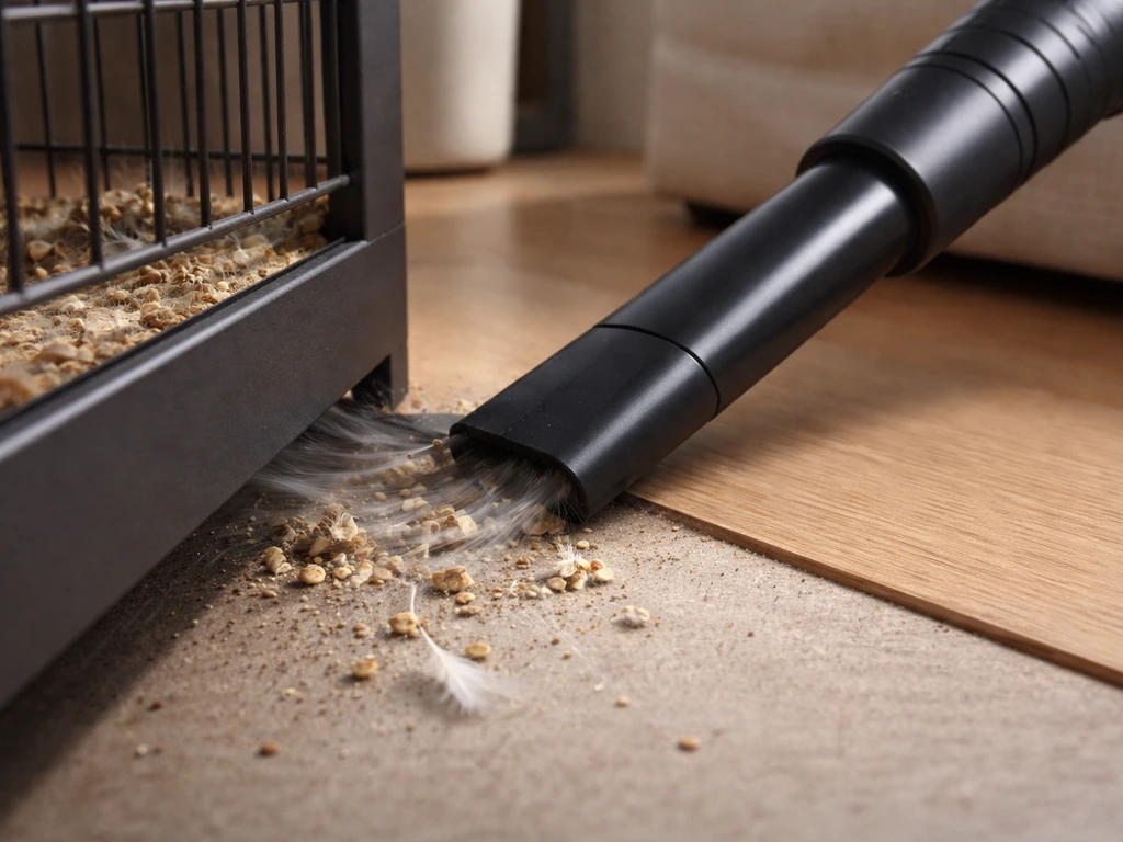 Pet vacuum crevice tool sucking seed hulls from a cage-tray corner beside furniture without scattering dust