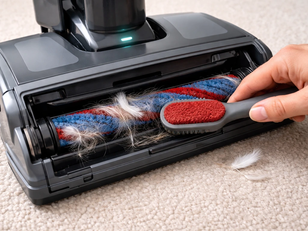 Open vacuum brush roll being cleared of feathers, with a subtle low-noise indicator light on the body.